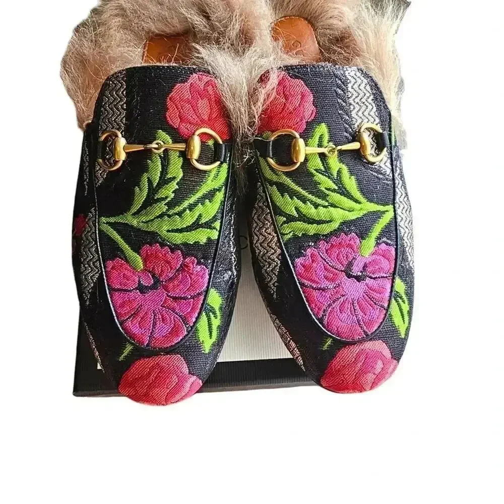 GUCCI Black Floral Brocade Jacquard FUR Princetown Slippers‎ Loafers Size 5.5 - Picture 7 of 13